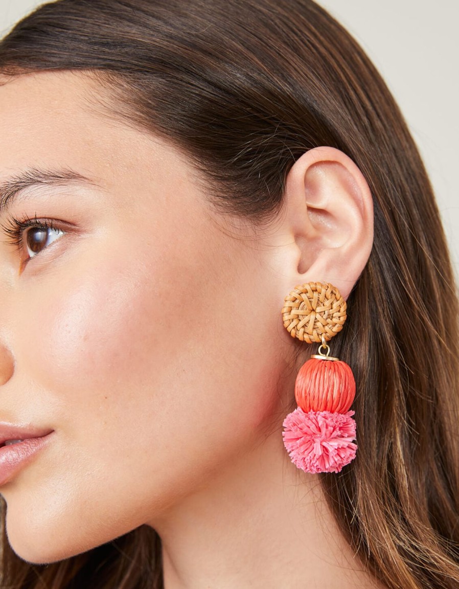 Women Spartina Earrings | Straw Pom Earrings-Red