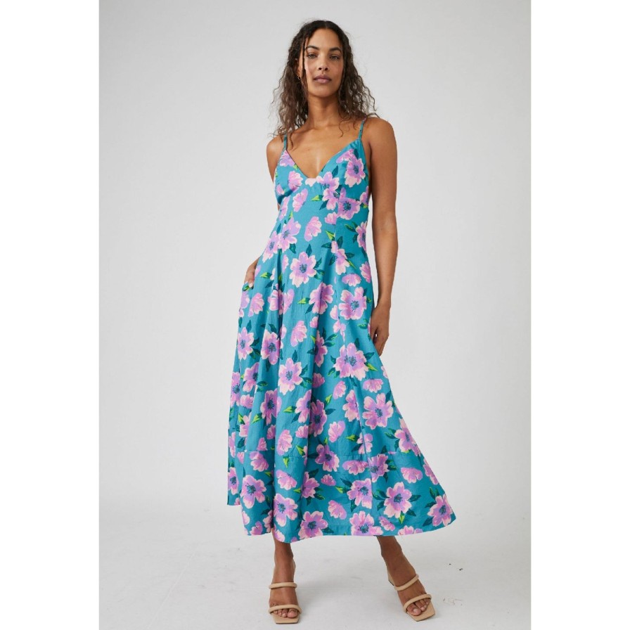 Women Free People Dresses | Finer Things Printed Midi-Teal Combo