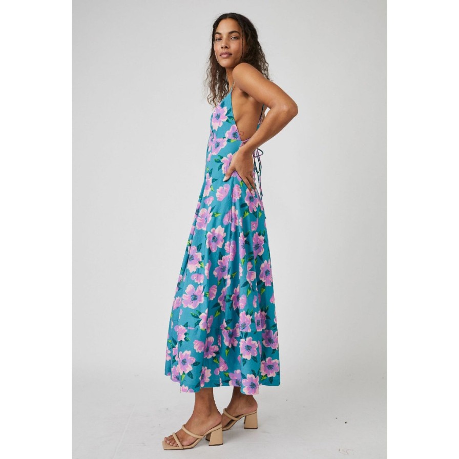 Women Free People Dresses | Finer Things Printed Midi-Teal Combo