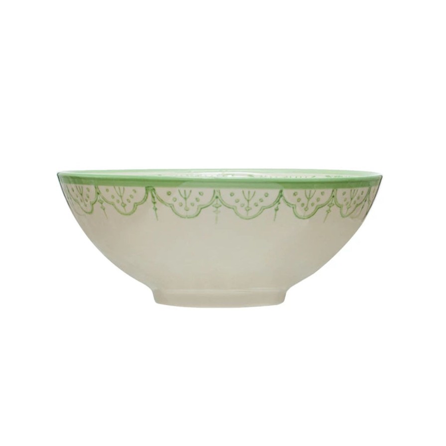 Home SYNPLE Serveware | Hand-Painted Stoneware Bowl W/ Flower Pattern-White & Green