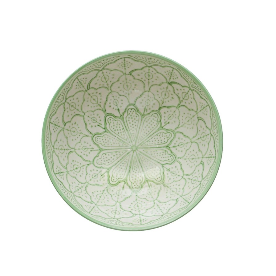 Home SYNPLE Serveware | Hand-Painted Stoneware Bowl W/ Flower Pattern-White & Green