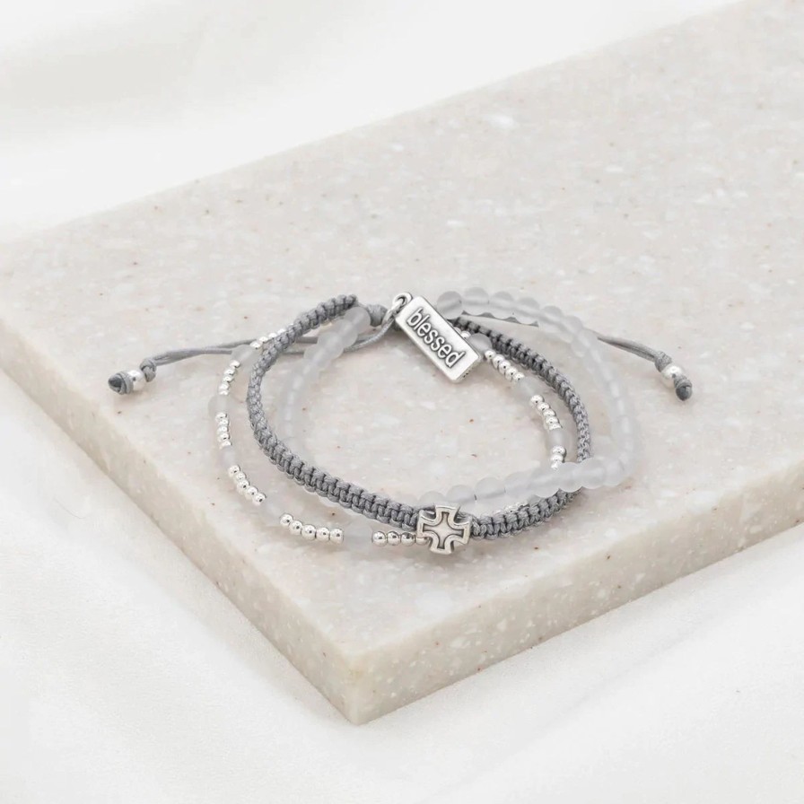 Women My Saint My Hero Bracelets | Be Still Prayer Bracelet-Silver/Slate/Frosted Quartz