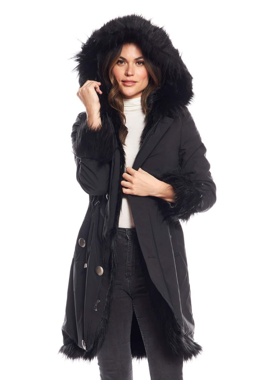 Women Fabulous Furs Sweaters & Jackets | Black Hooded Storm Coat