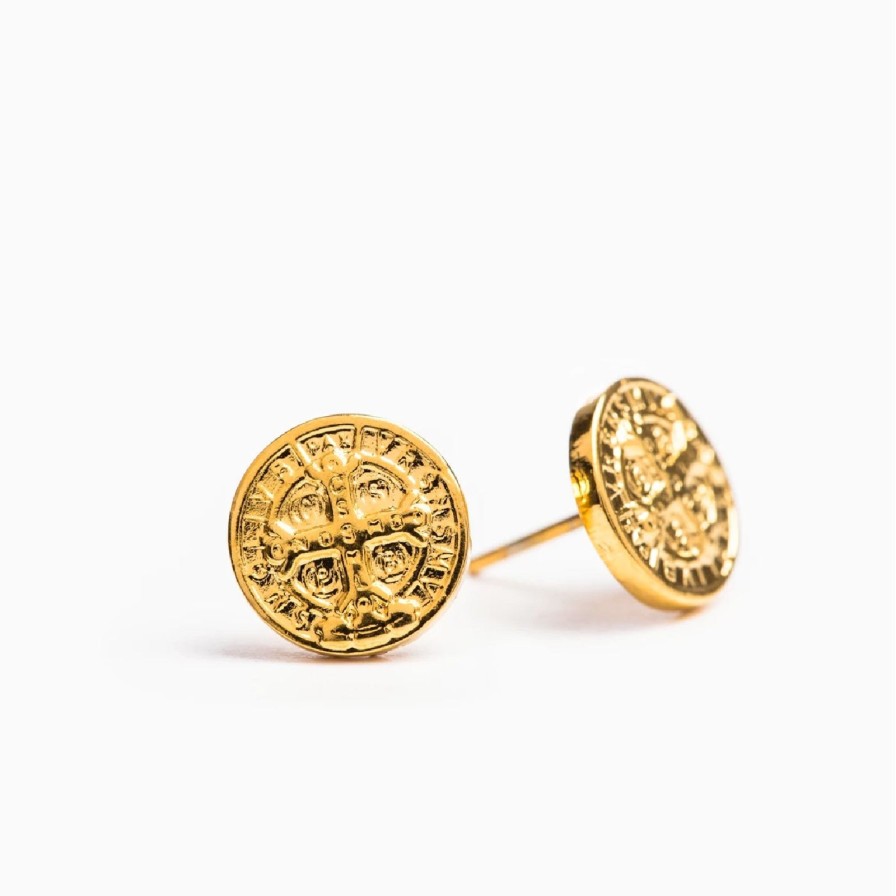 Women My Saint My Hero Earrings | Benedictine Stud Earrings- Gold Of Silver