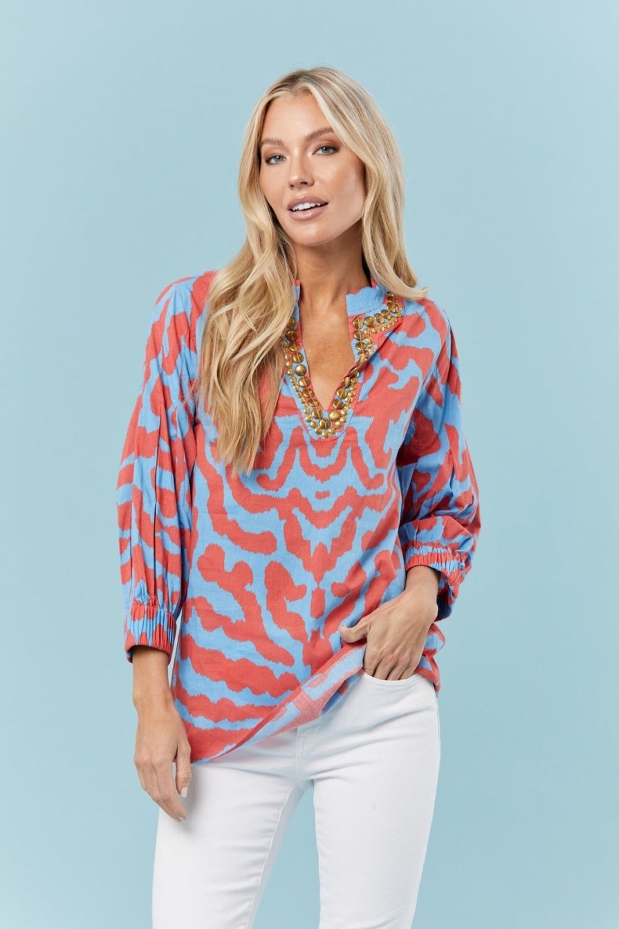 Women Sheridan French Tops | Olive Tunic-Blue/Red Tiger