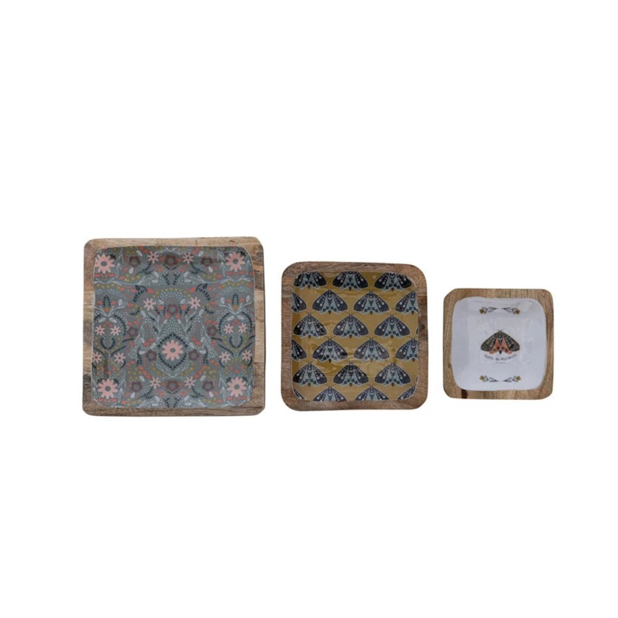 Home SYNPLE Decor | Enameled Mango Wood Trays W/ Moths & Florals, Multi Color